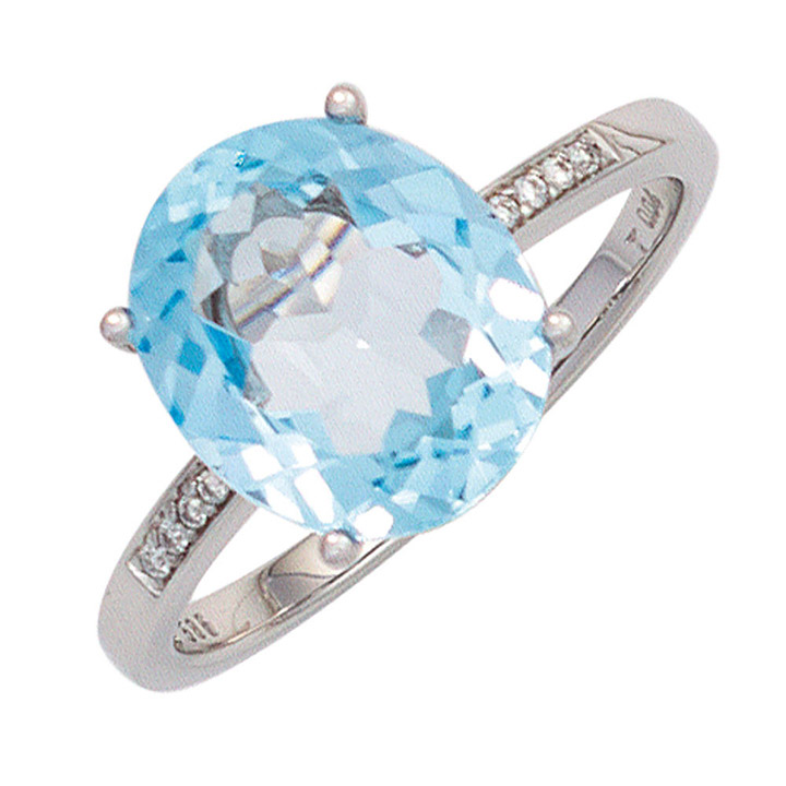 Damen Ring 585 Gold Weißgold 1 Blautopas hellblau blau 8 Diamanten Brillanten