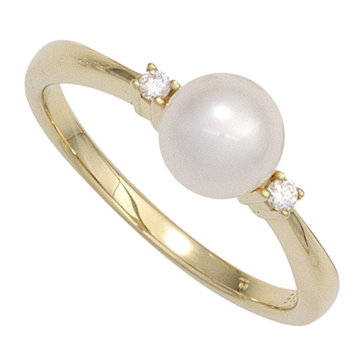 Damen Ring 585 Gold Gelbgold 1 Süßwasser Perle 2 Diamanten Brillanten Perlenring