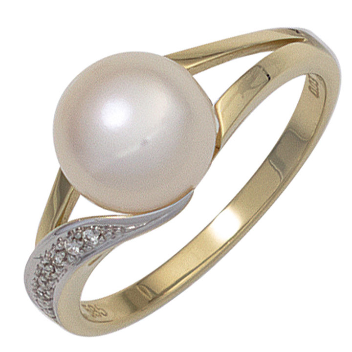 Damen Ring 585 Gold Gelbgold 1 Süßwasser Perle 6 Diamanten Brillanten Perlenring