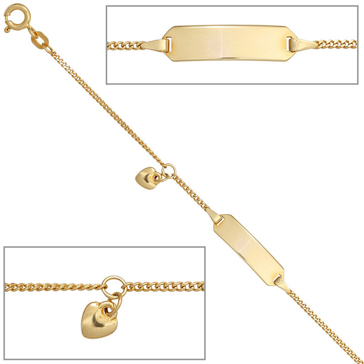 Schildband Herz 585 Gold Gelbgold 14 cm Gravur ID Armband Federring