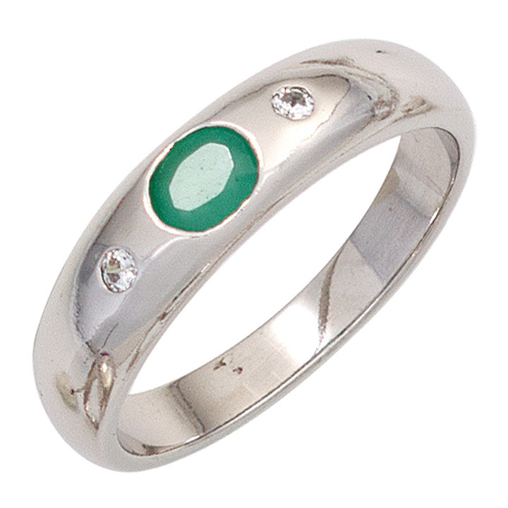 Damen Ring 925 Sterling Silber rhodiniert 1 Smaragd grün 2 Zirkonia Silberring