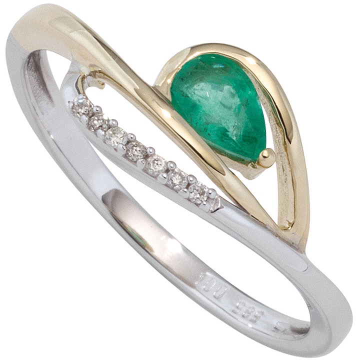 Damen Ring 585 Weißgold Gelbgold bicolor 1 Smaragd grün 7 Diamanten Brillanten