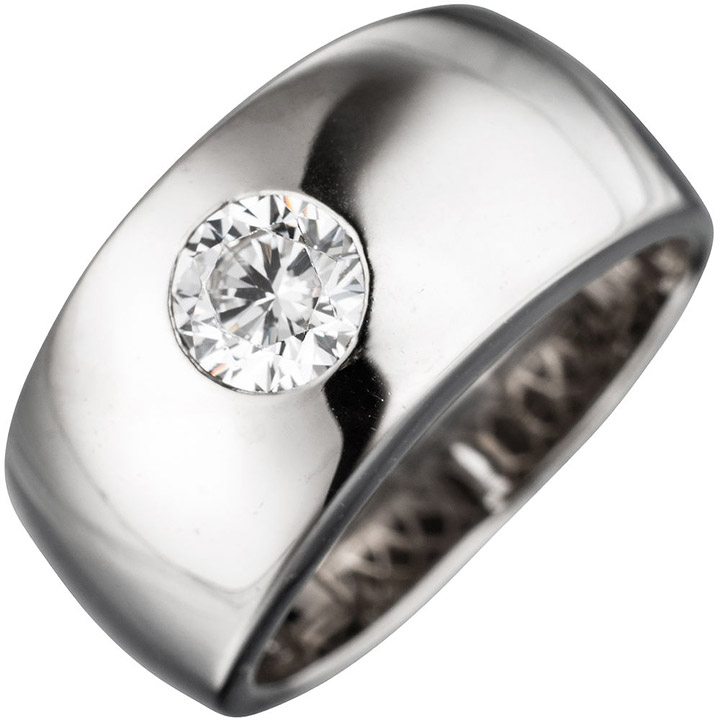 Damen Ring breit 925 Sterling Silber rhodiniert 1 Zirkonia Silberring