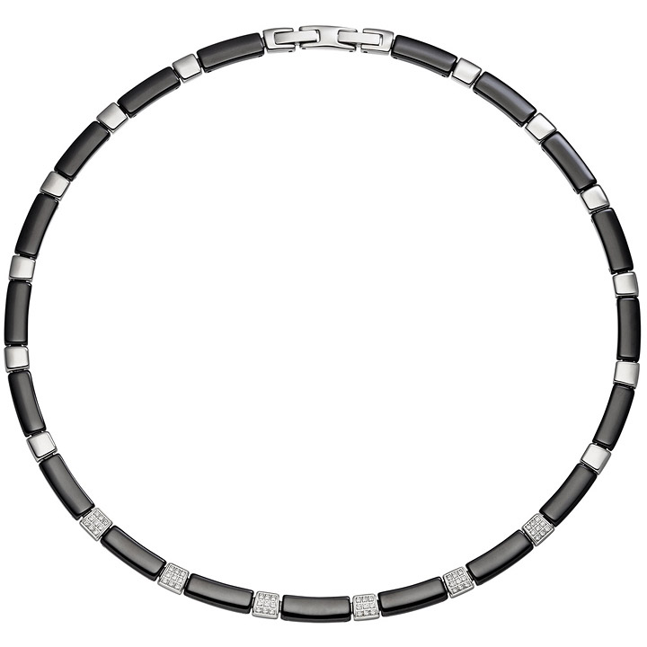 SIGO - Collier Halskette aus schwarzer Keramik mit Edelstahl und Zirkonia  47 cm Kette - GOETTGEN - Die Schmuck Profis