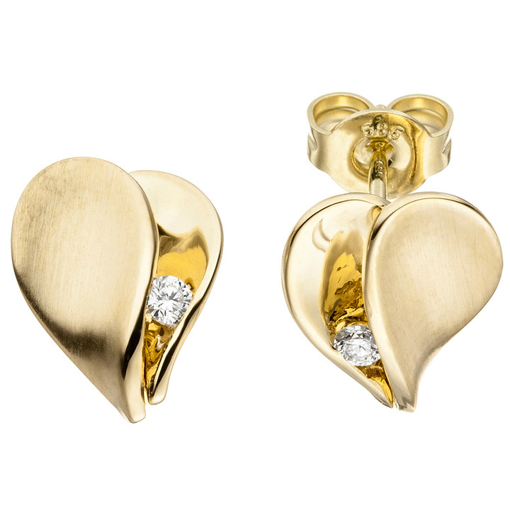 Ohrstecker Herz 585 Gold Gelbgold matt 2 Diamanten Brillanten Ohrringe
