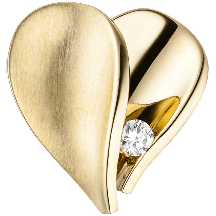 Anhänger Herz 585 Gold Gelbgold teilmatt 1 Diamant Brillant Herzanhänger