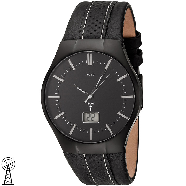 Herren Armbanduhr Funk Funkuhr Edelstahl Lederband schwarz Herrenuhr Datum