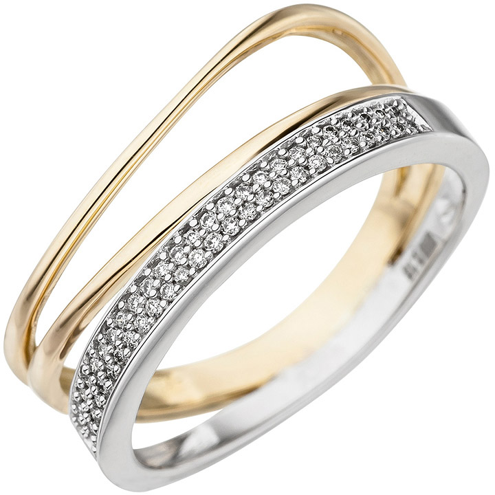 Damen Ring 585 Gold Gelbgold Weißgold bicolor 51 Diamanten Brillanten Goldring