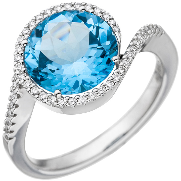 Damen Ring 585 Weißgold  1 Blautopas hellblau blau 47 Diamanten Brillanten