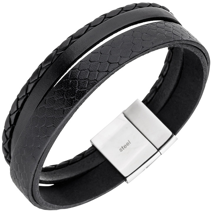 Herren Armband 4-reihig Leder schwarz geflochten Edelstahl 21 cm Herrenarmband