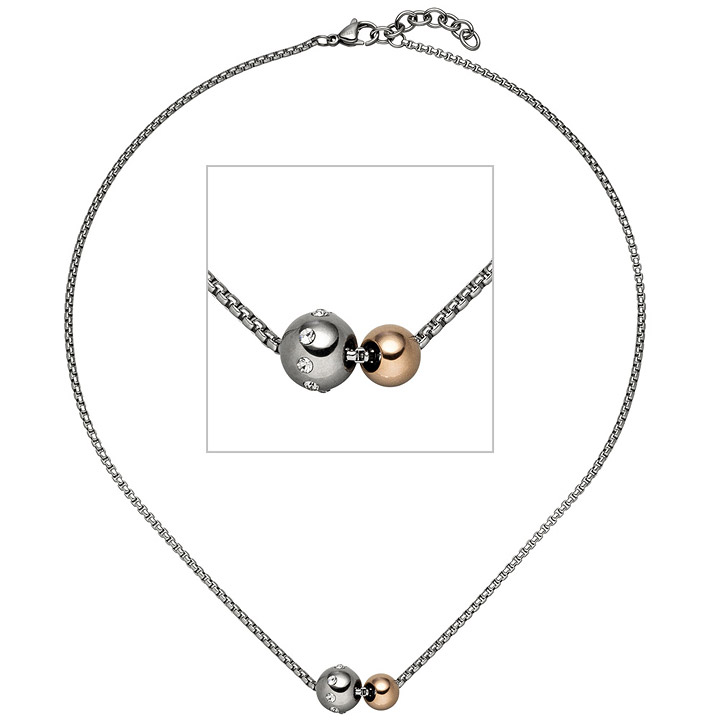 Collier Kette mit Anhänger Kugeln Edelstahl bicolor 8 Zirkonia 45 cm