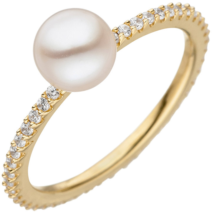 Damen Ring 925 Silber gold vergoldet 1 Süßwasser Perle mit Zirkonia Perlenring