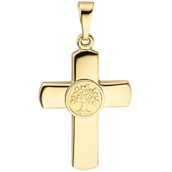 Anhänger Kreuz Lebensbaum 333 Gold Gelbgold teil matt Kreuzanhänger Goldkreuz