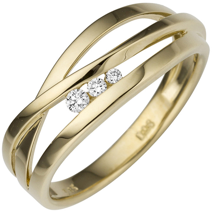 Damen Ring breit 585 Gold Gelbgold 3 Diamanten Brillanten 0,08ct. Goldring