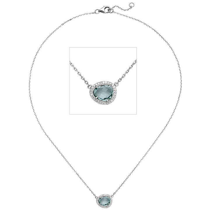 Kette mit Anhänger 925 Silber 1 Glasstein blau hellblau 29 Zirkonia 45 cm