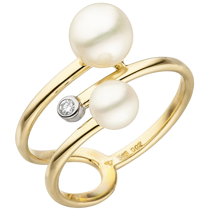 Damen Ring 585 Gelbgold 2 Süßwasser Perlen 1 Diamant Brillant