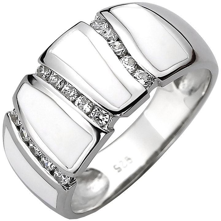 Damen Ring 925 Sterling Silber 15 Zirkonia und weiße Emaille-Einlage
