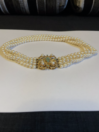 Wertvoll? Trachtenschmuck Echt-Perlenkette / Collier 14 Karat (585) Gold Amulett Verschluss mit Türkis