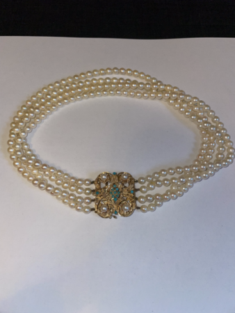 Wertvoll? Trachtenschmuck Echt-Perlenkette / Collier 14 Karat (585) Gold Amulett Verschluss mit Türkis